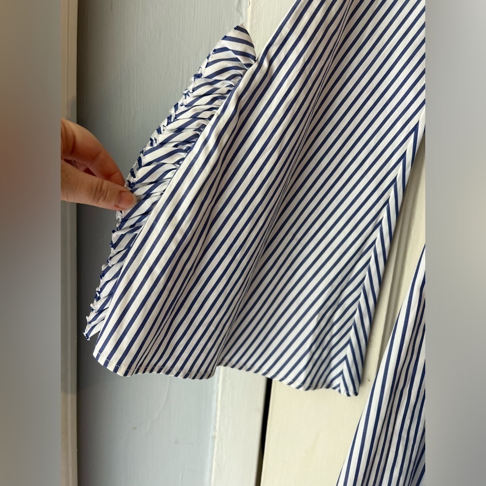 Caroline Constas Micki Choker V Neck Cotton Striped Ruffle Dress 4 - Picture 7 of 13